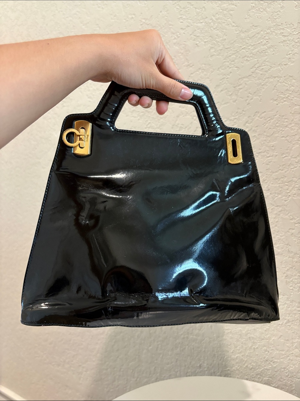 Salvatore Ferragamo Black Patent Leather Top-Handle Bag